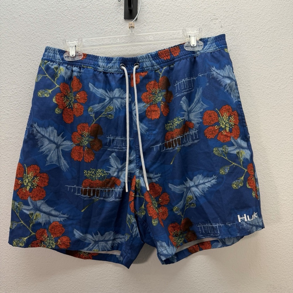 Huk Shorts Mens L Blue‎ Hawaiian Floral Fishing Swim Trunks Mesh Liner Removed